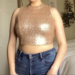 Tobi Gold Sequin Crop Top Open Back